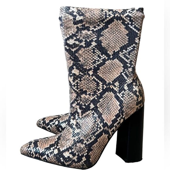 Public Desire Snakeskin Print Heeled Sock Booties - Picture 1 of 16
